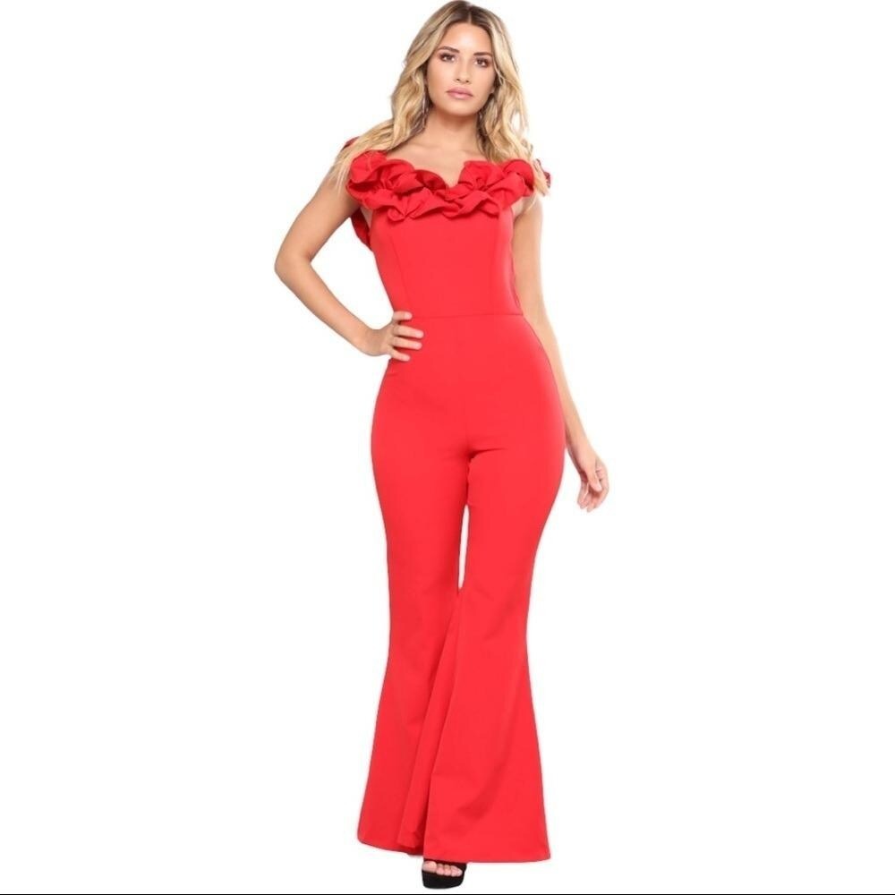 Caliente Ruffle Jumpsuit Red Off Shoulder Flare Leg Glamorous Evening Wear Small